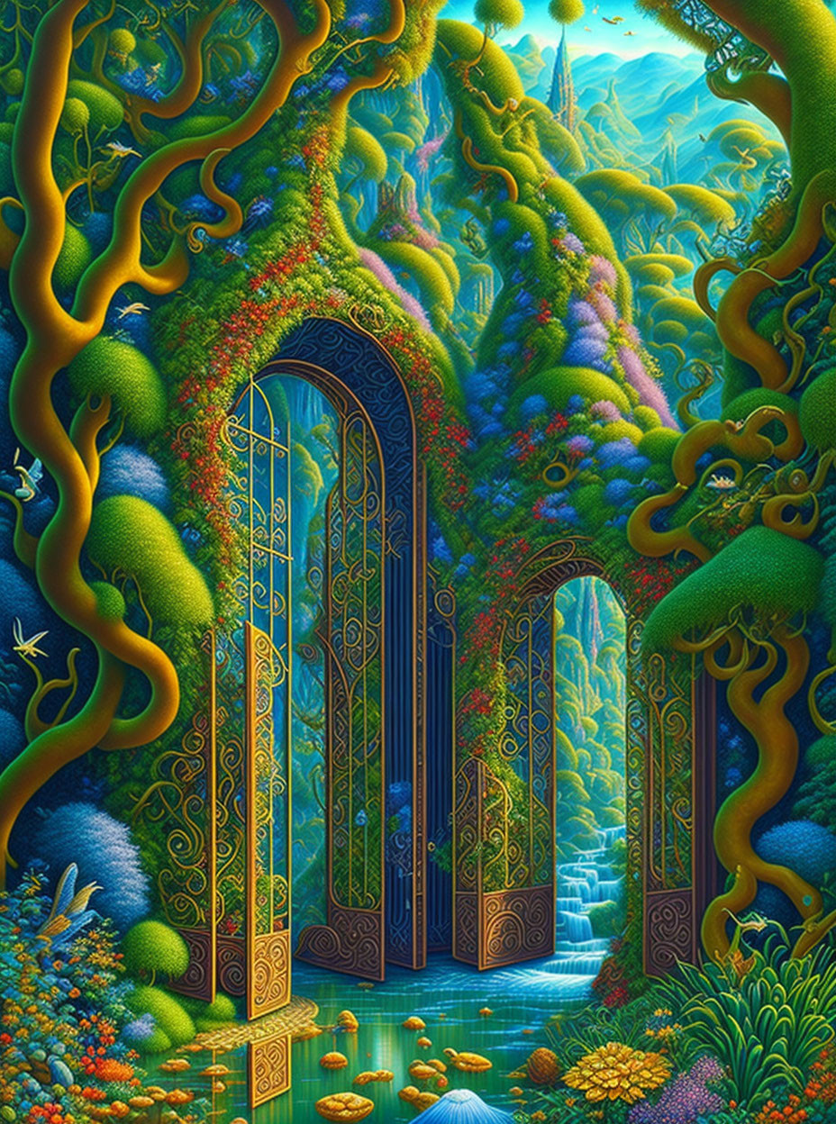 Ornate open gate to vibrant mystical forest with lush trees, river, mountains