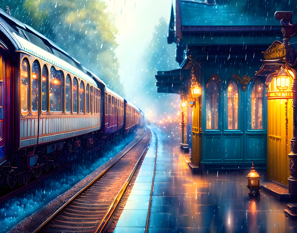 Vintage Train Station Scene with Rainy Twilight Atmosphere