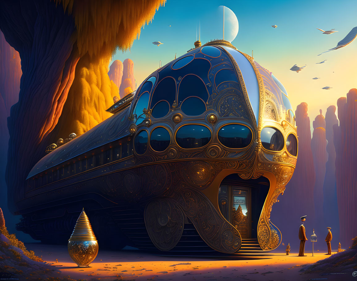 Ornate golden train in vibrant alien landscape with moon