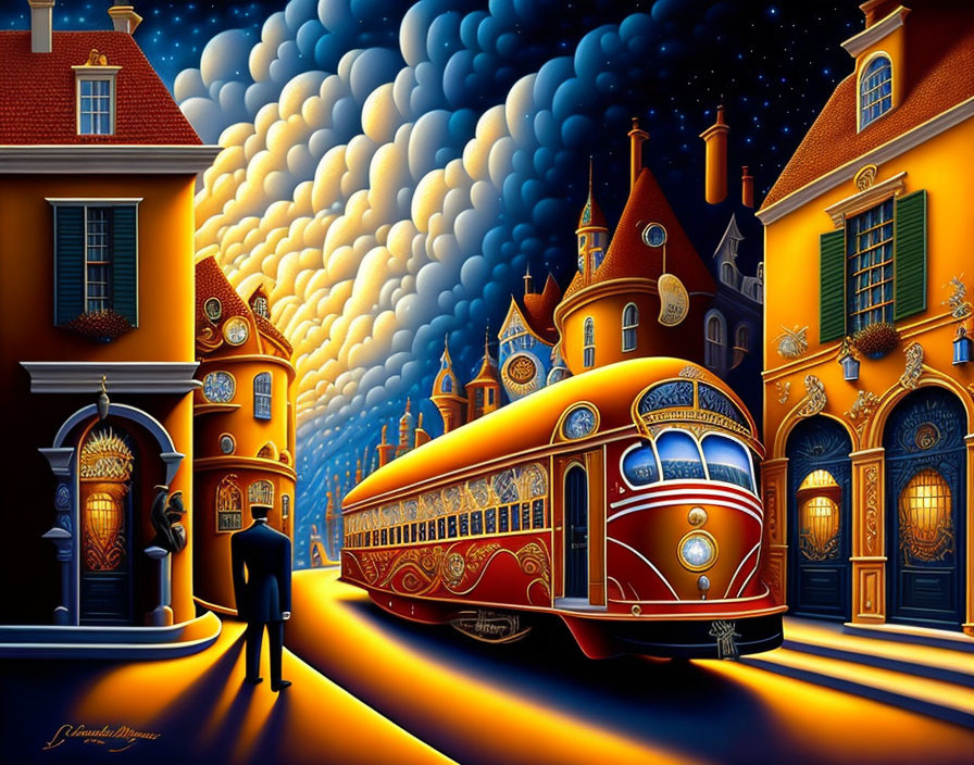 Surrealistic painting of red vintage tram on cobblestone street
