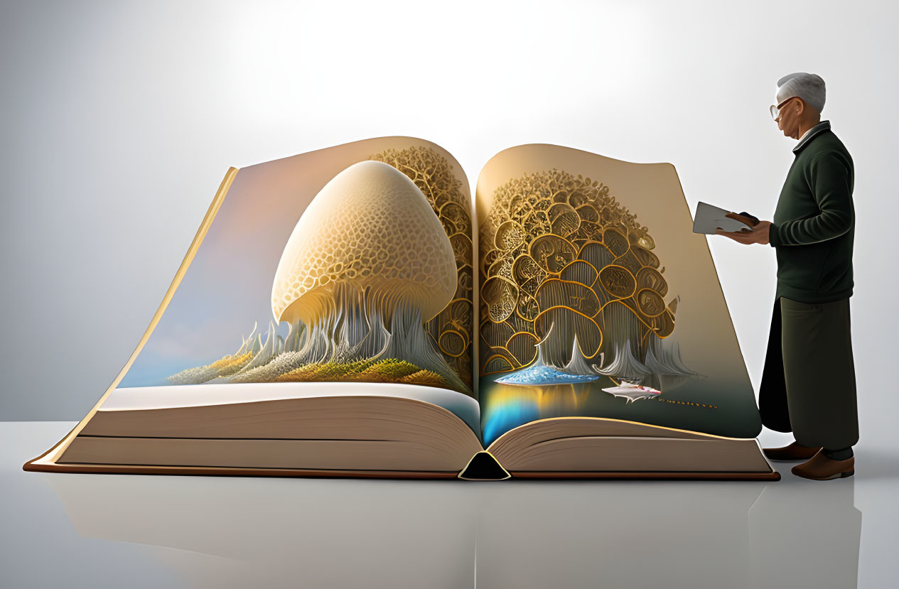 Elderly Person Reading Giant Book with Fantasy Landscape Illustrations