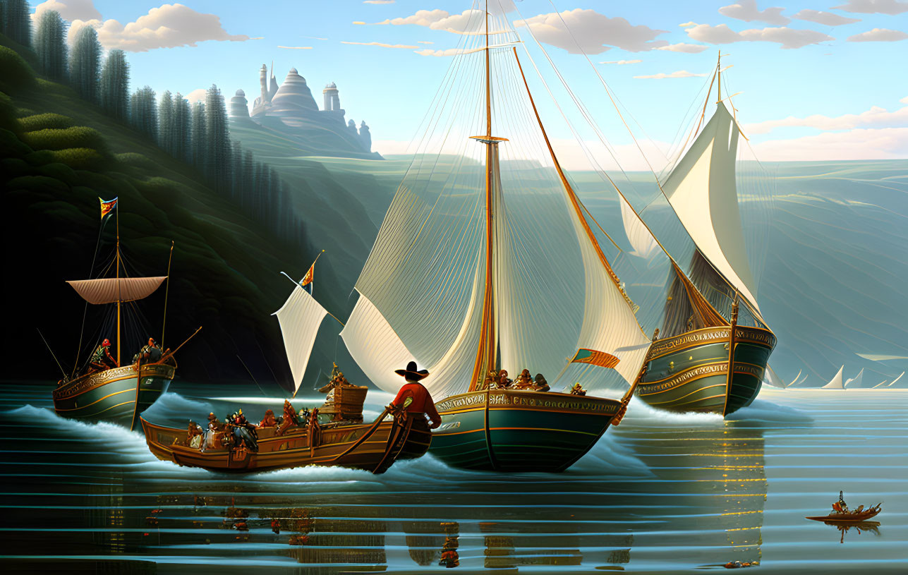 Stylized sailing ships on calm waters under serene sky