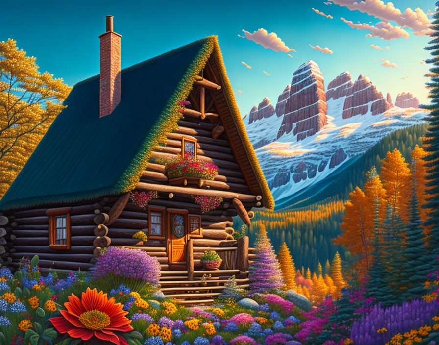 Log cabin surrounded by colorful flowers and snow-capped mountains