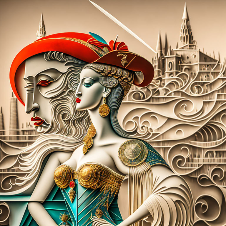 Stylized woman in elegant attire with red hat against ornate waves and castle