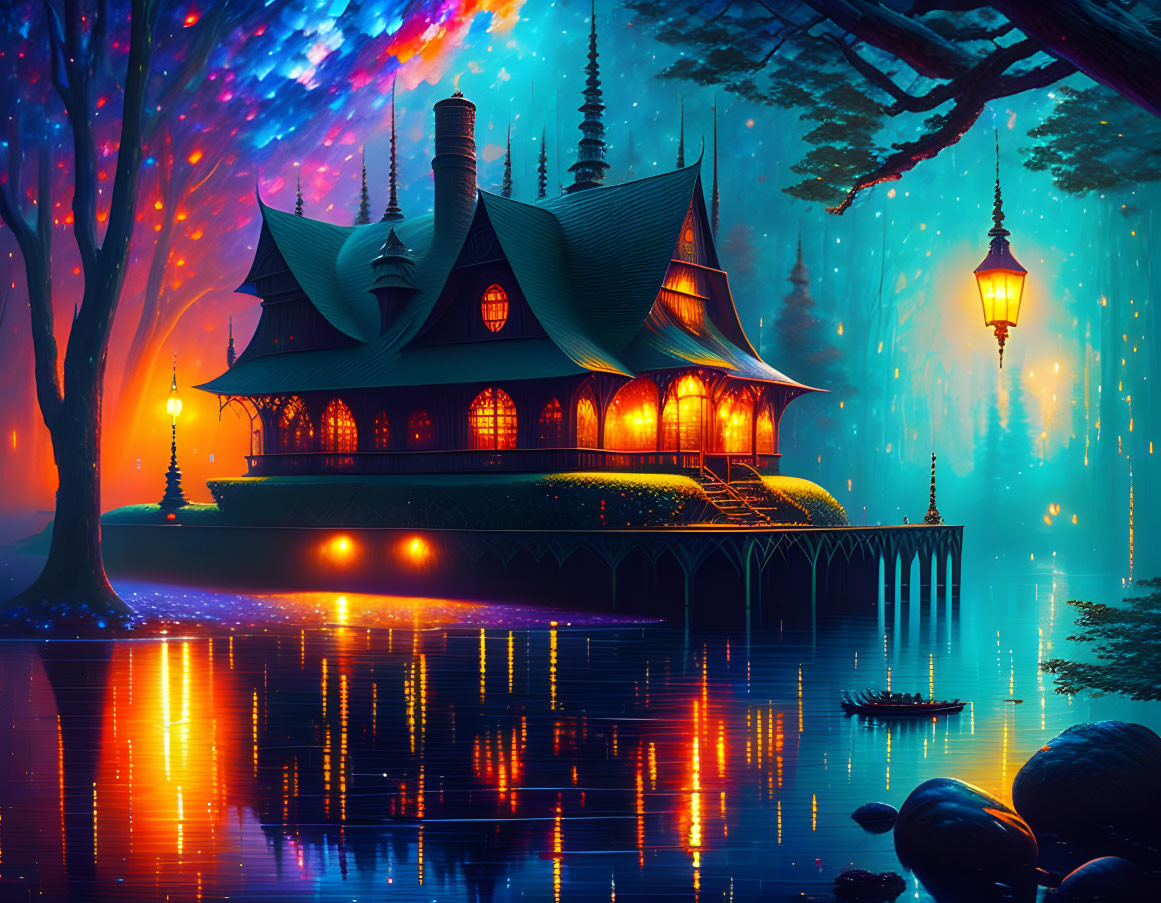 Vibrantly colored fantasy house in mystical forest with glowing lanterns