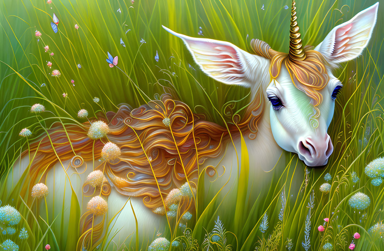Colorful unicorn with golden horn in grassy field with butterflies