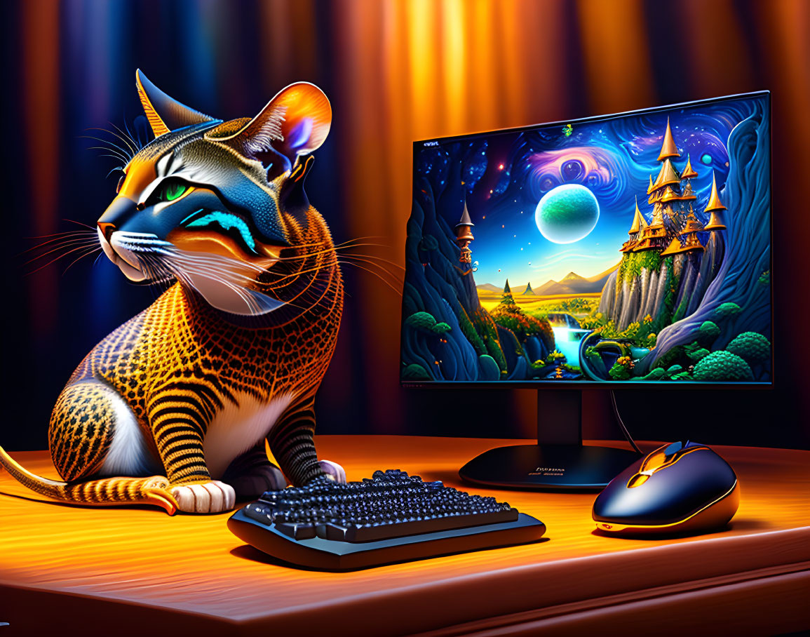 Realistic cat digital artwork with colorful patterns and fantasy landscape display