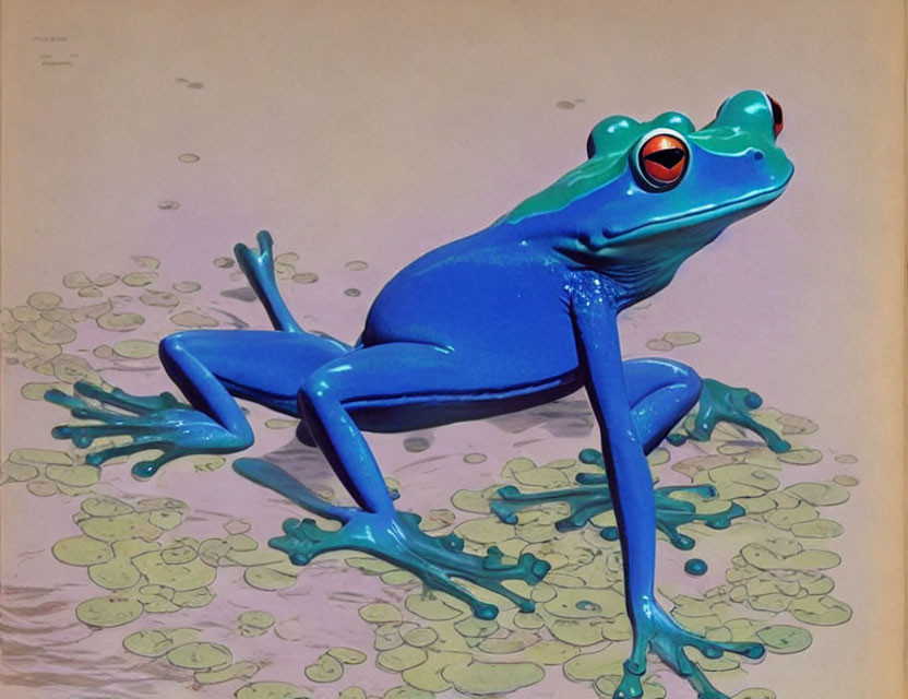 Colorful Blue Frog on Green Lilypads in Realistic Style