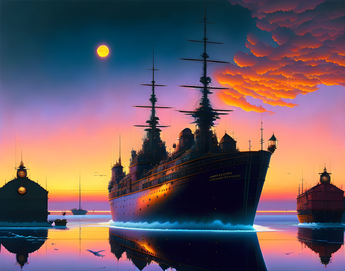 Majestic ships with tall masts at sunset over calm waters
