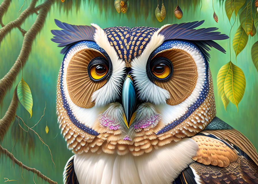 Detailed owl painting with vivid eyes and green leaves - impressive textures and patterns