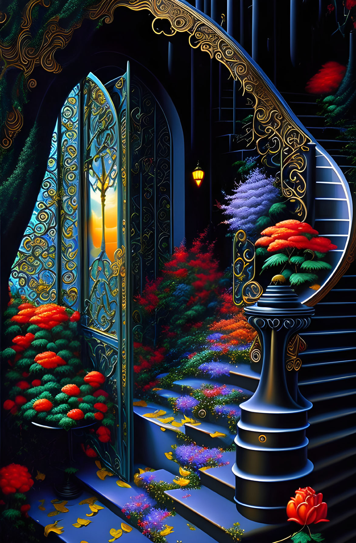 Ornate illuminated doorway in night-time garden with vibrant flowers