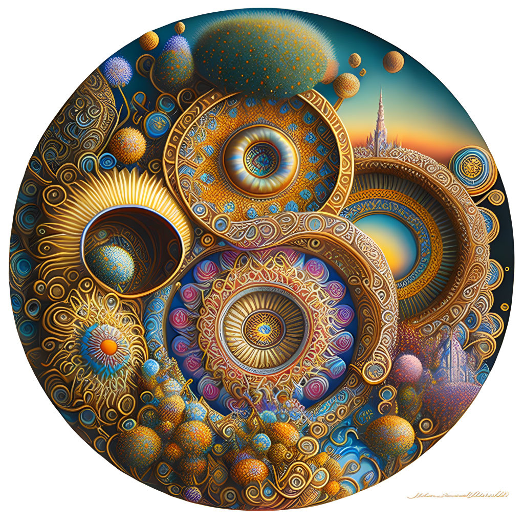 Intricate circular fractal with vivid colors and swirling shapes