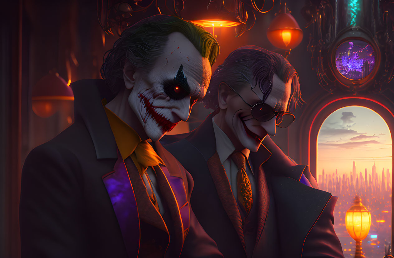 Stylized Joker and Two-Face characters in suits by window at sunset