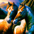 Golden horses with lustrous manes on green hills and blue sky.