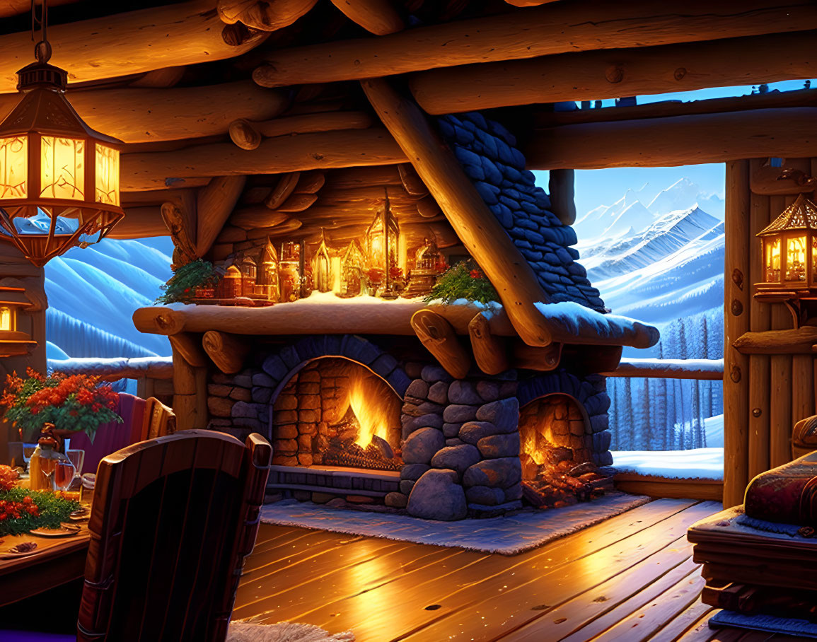 Cozy Cabin Interior with Fireplace and Snowy Mountain View