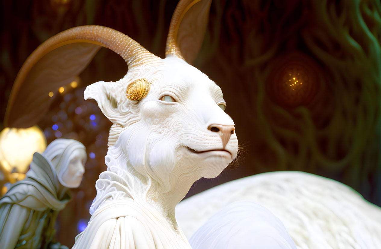 White Goat Sculpture with Prominent Horns and Ornate Background