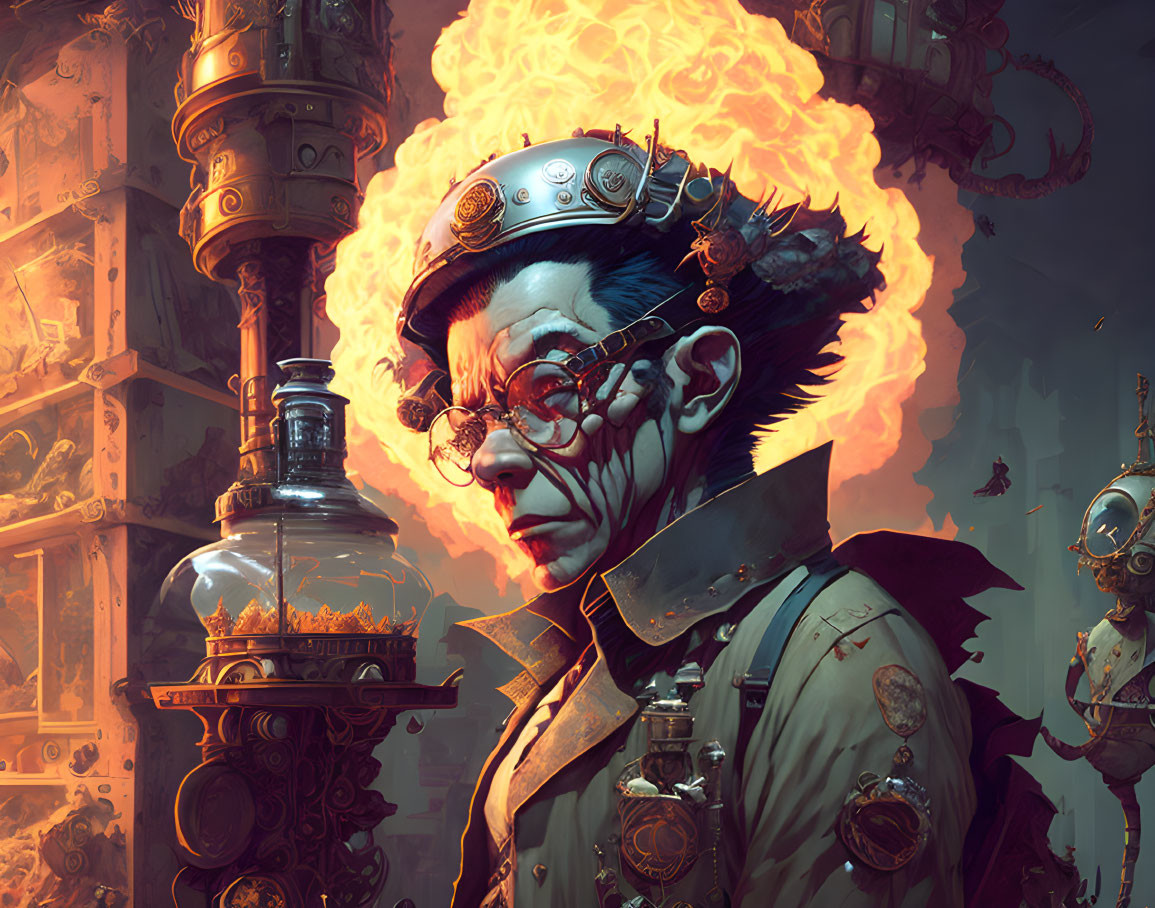 Steampunk illustration with character wearing mechanical monocle and fiery backdrop