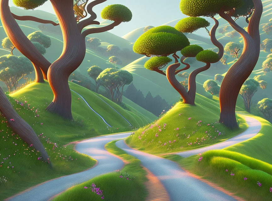 Stylized winding path in lush green landscape with whimsical trees