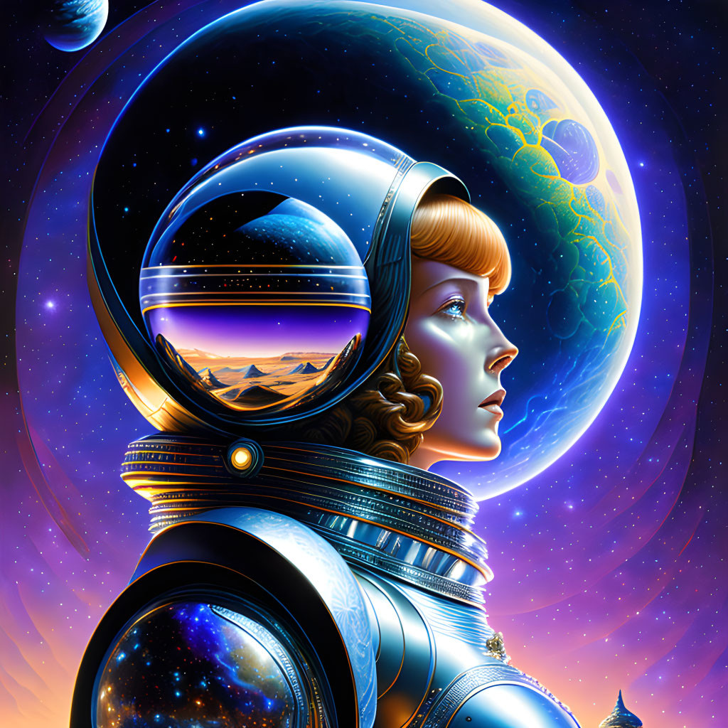 Futuristic woman in spacesuit with reflective helmet against cosmic backdrop