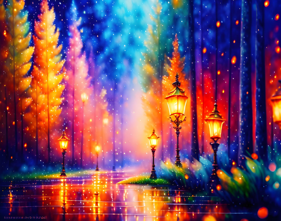 Colorful Rainy Night Scene with Glowing Lampposts and Starry Sky