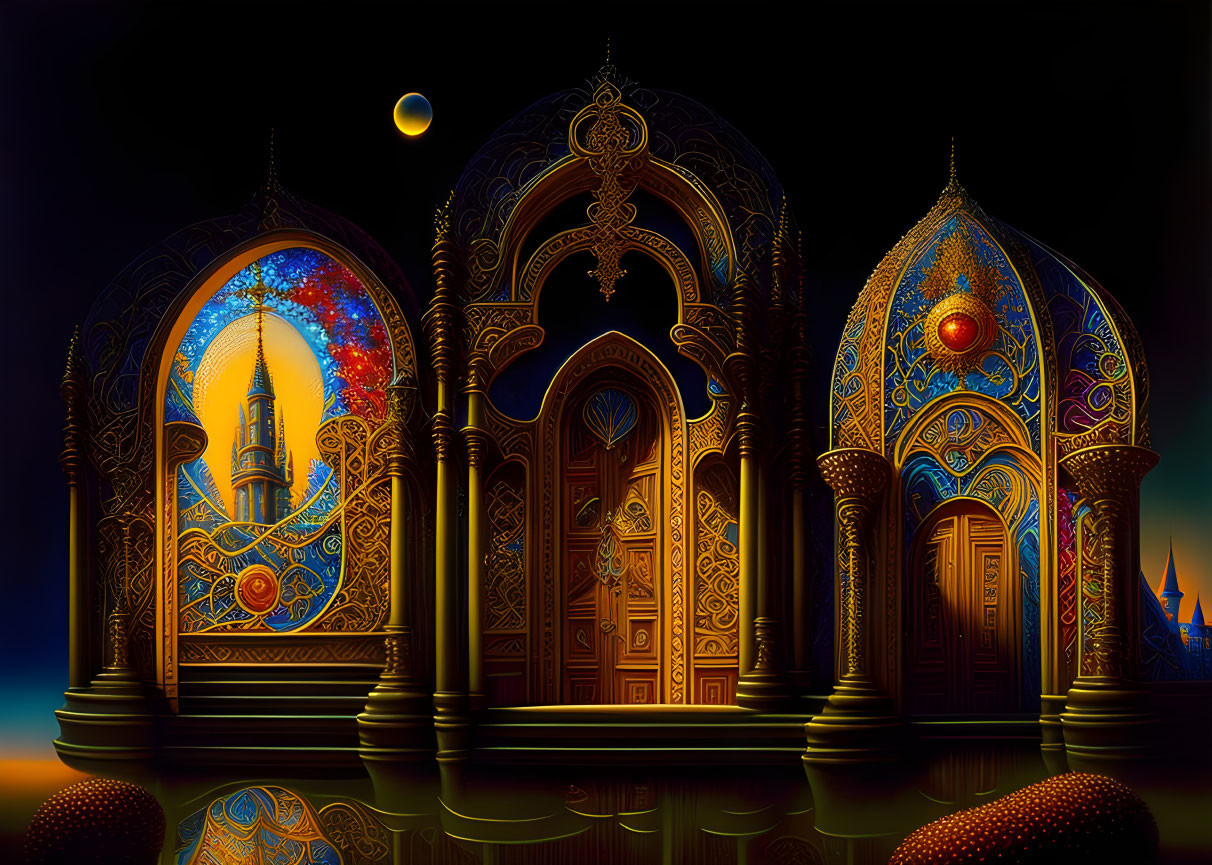 Vibrant stained glass fantasy windows with cosmic designs on nocturnal backdrop
