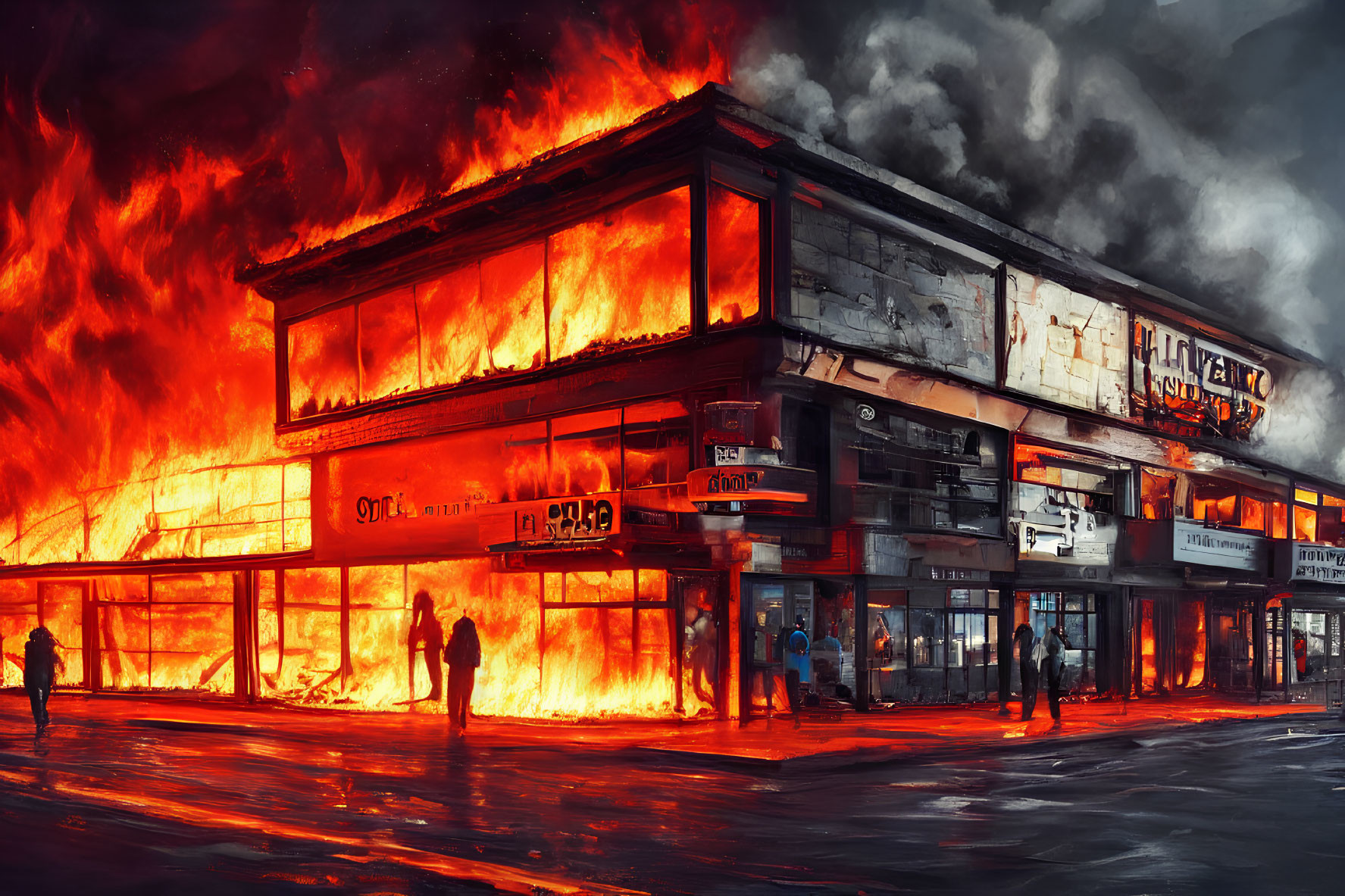 Illustration of multi-story building engulfed in flames at night.