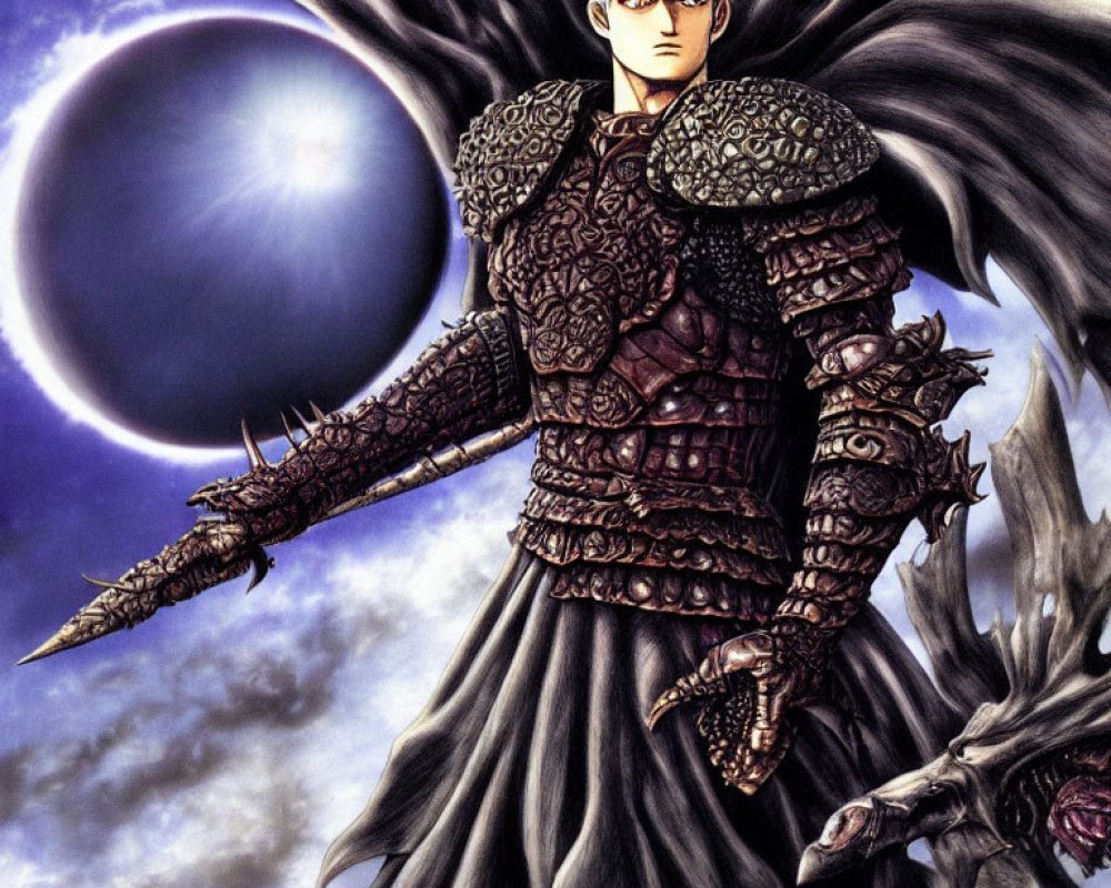 Animated character in ornate black armor with fur cloak against stark eclipse