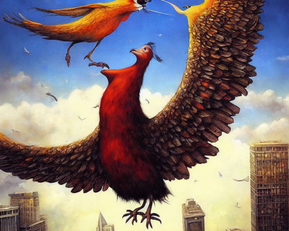 Giant red and orange birds feeding mid-air above cityscape
