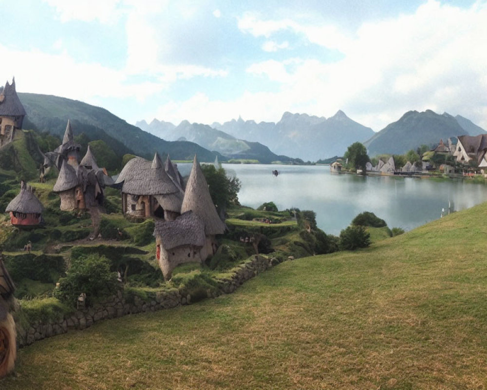 Tranquil village with thatched-roof cottages by serene lake