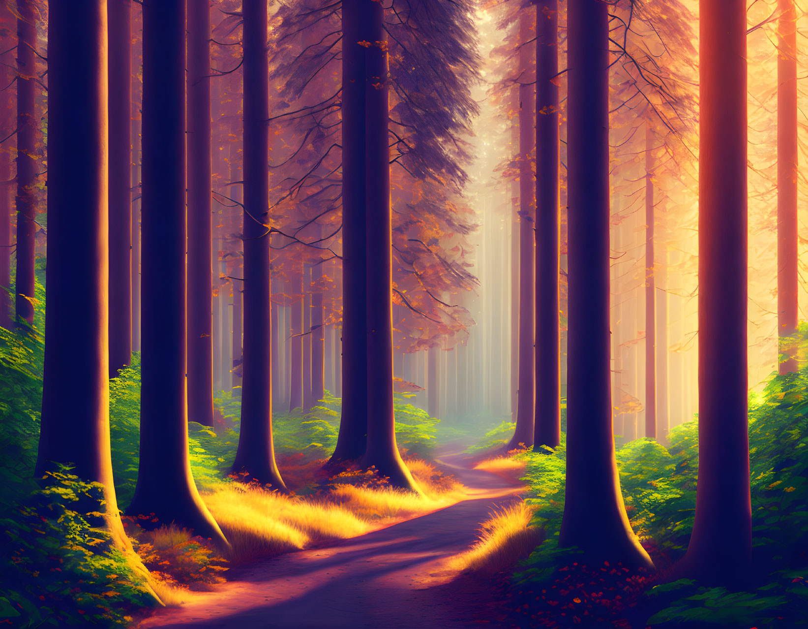 Tranquil forest path with tall trees and sunlight piercing through mist