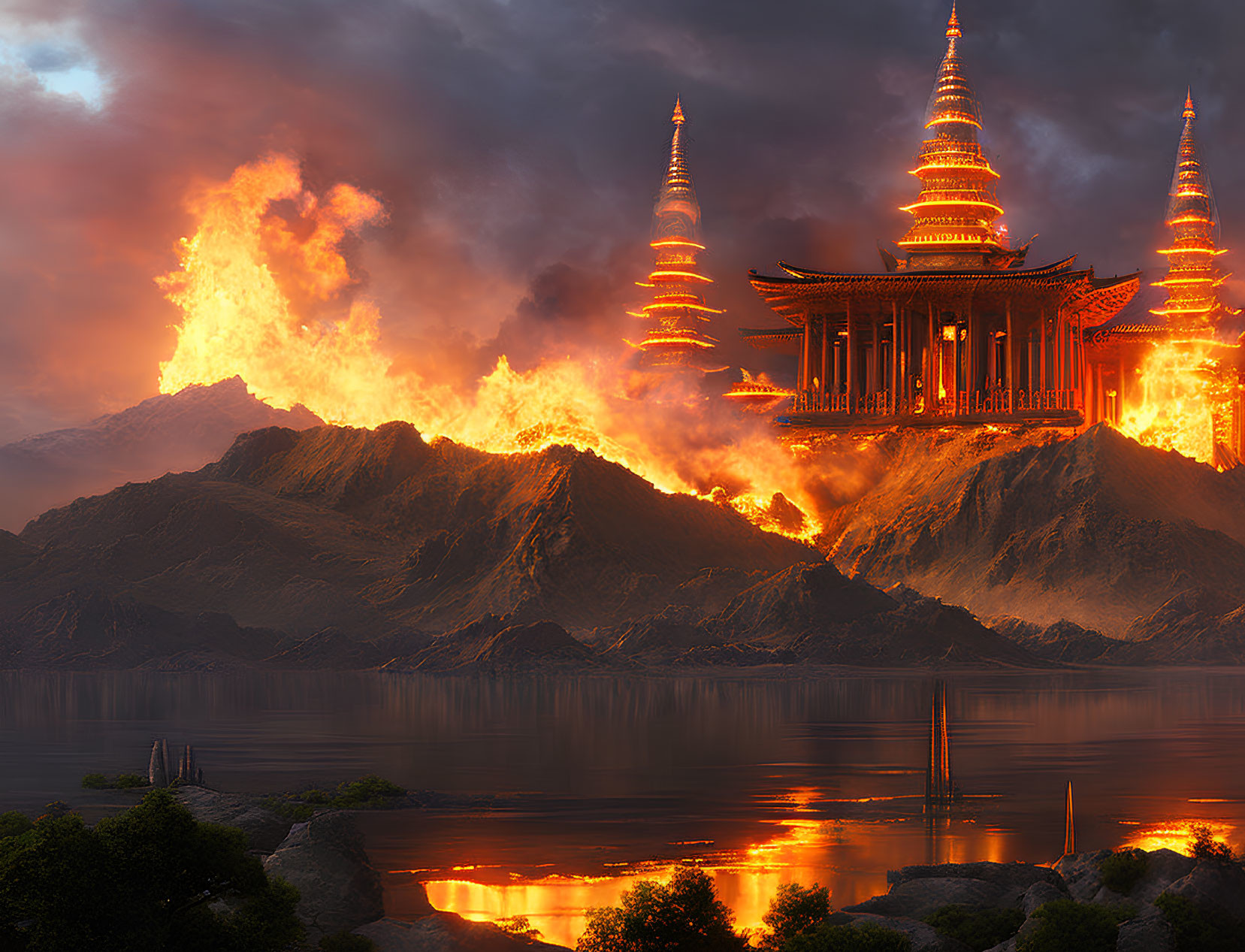 Fiery Mountains and Pagoda Reflecting in Tranquil Lake at Dusk
