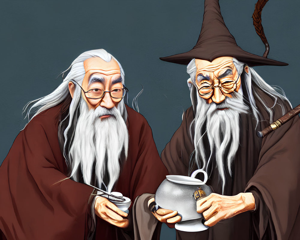 Elderly wizards in pointed hats pouring tea from a pot and holding a teacup
