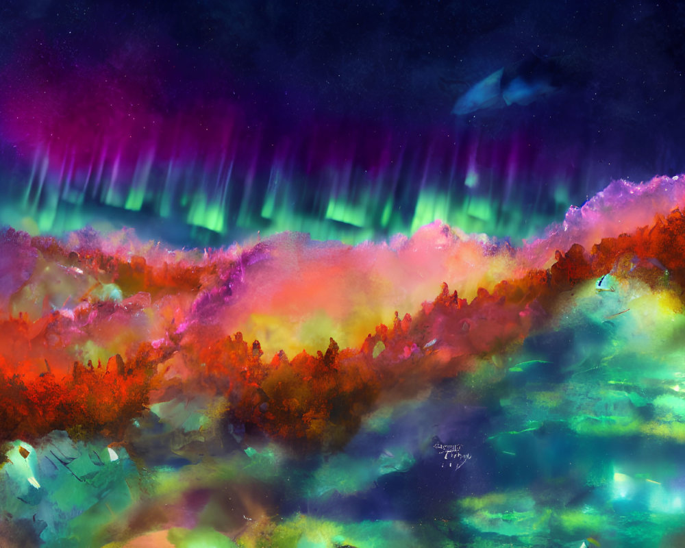 Vivid Aurora Borealis Over Luminous Forest with Spaceship Silhouette
