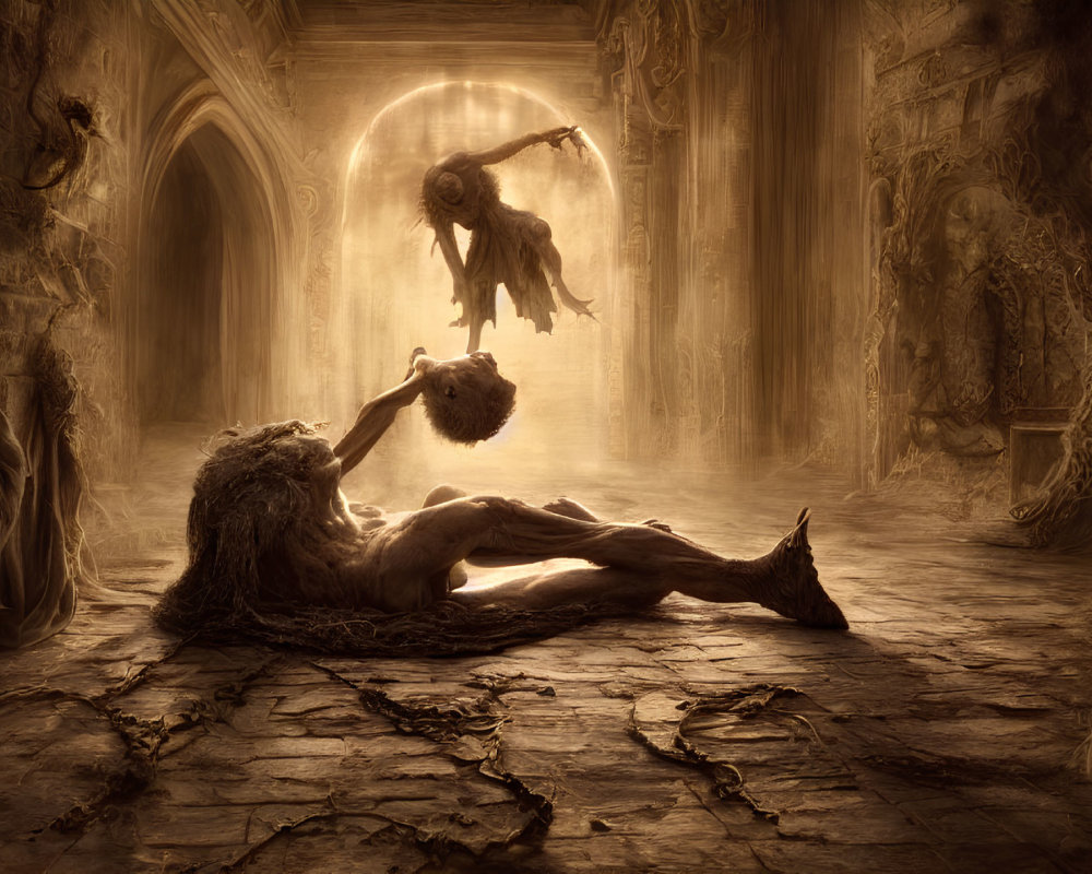 Surreal artwork: humanoid figure rising from lying body in ancient hall