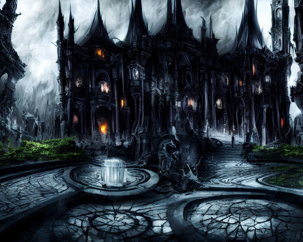 Gothic castle with towering spires and torch-lit pathways
