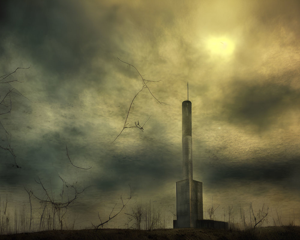 Barren landscape with tall chimney and dramatic sky.