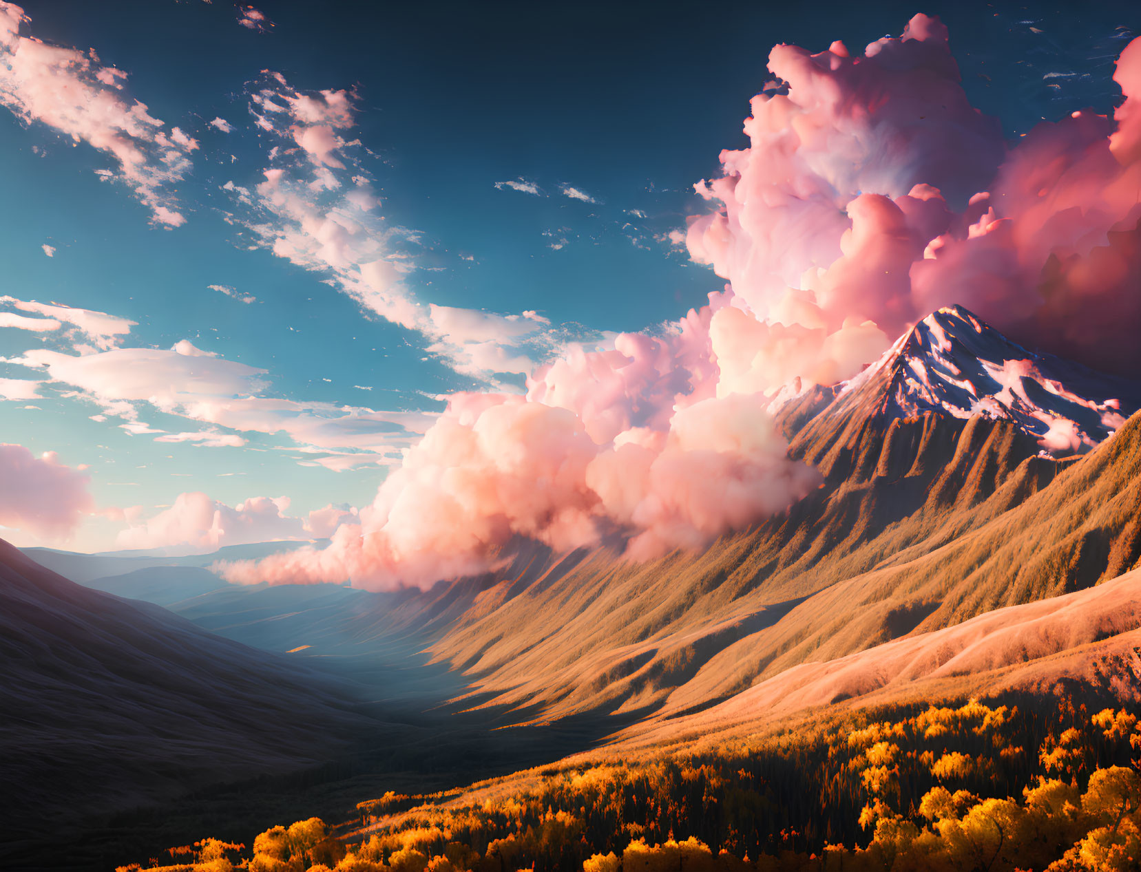 Snow-capped mountain, golden hills, pink clouds in blue sky