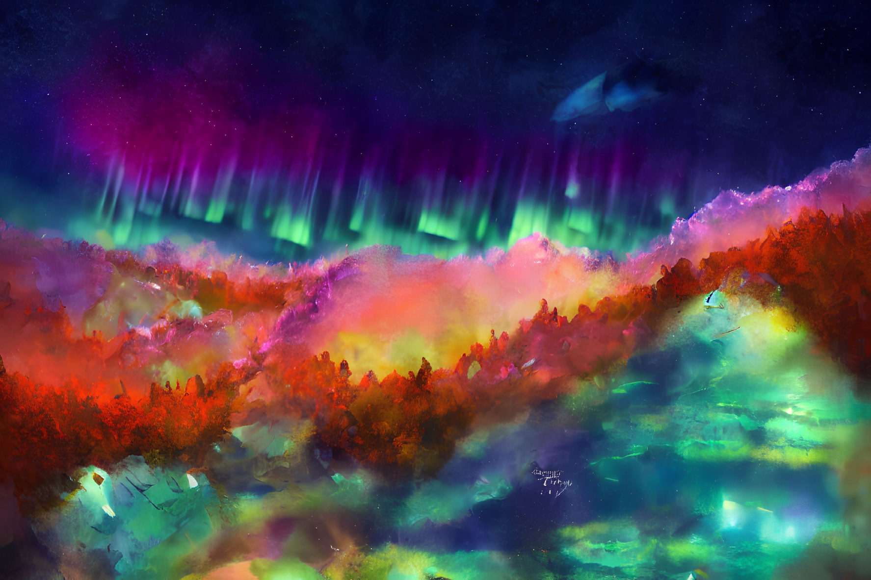 Vivid Aurora Borealis Over Luminous Forest with Spaceship Silhouette
