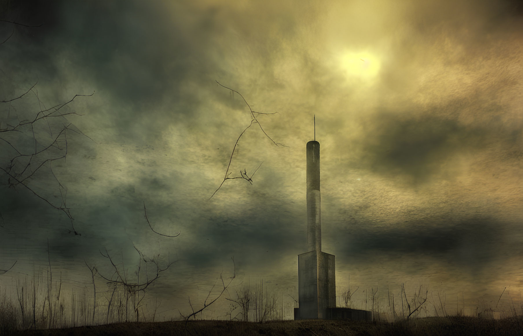 Barren landscape with tall chimney and dramatic sky.