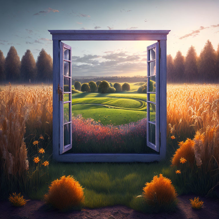 Surreal landscape with open window frame in wild meadow and manicured gardens under dawn/dusk