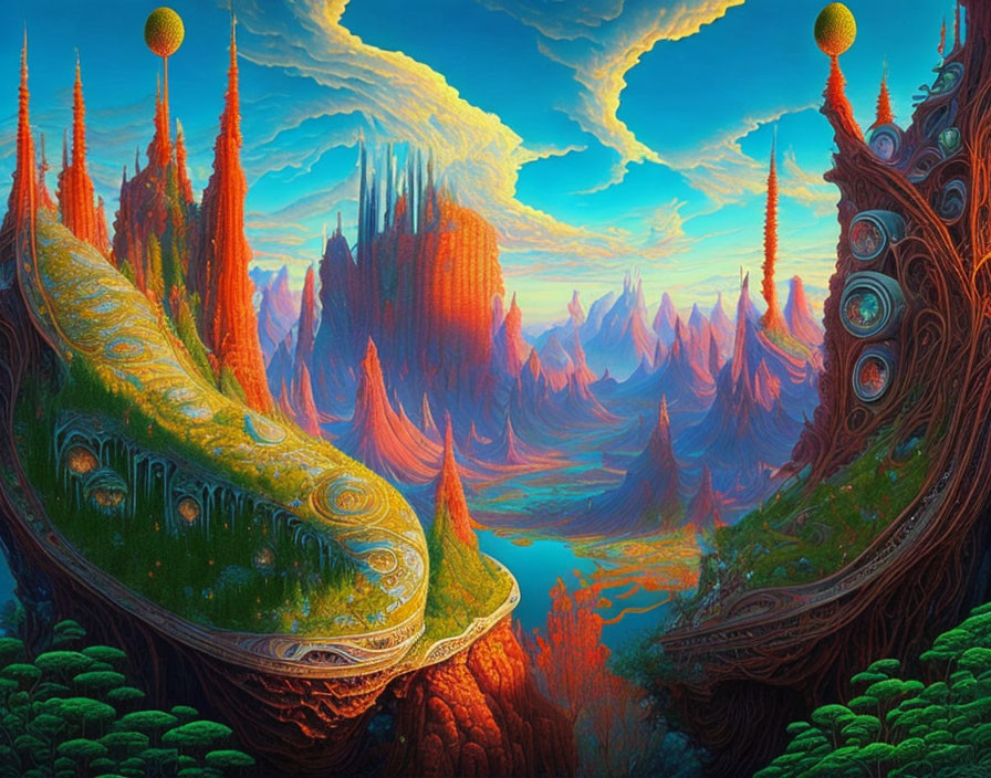 Colorful Surreal Landscape with Organic Structures and Floating Spheres