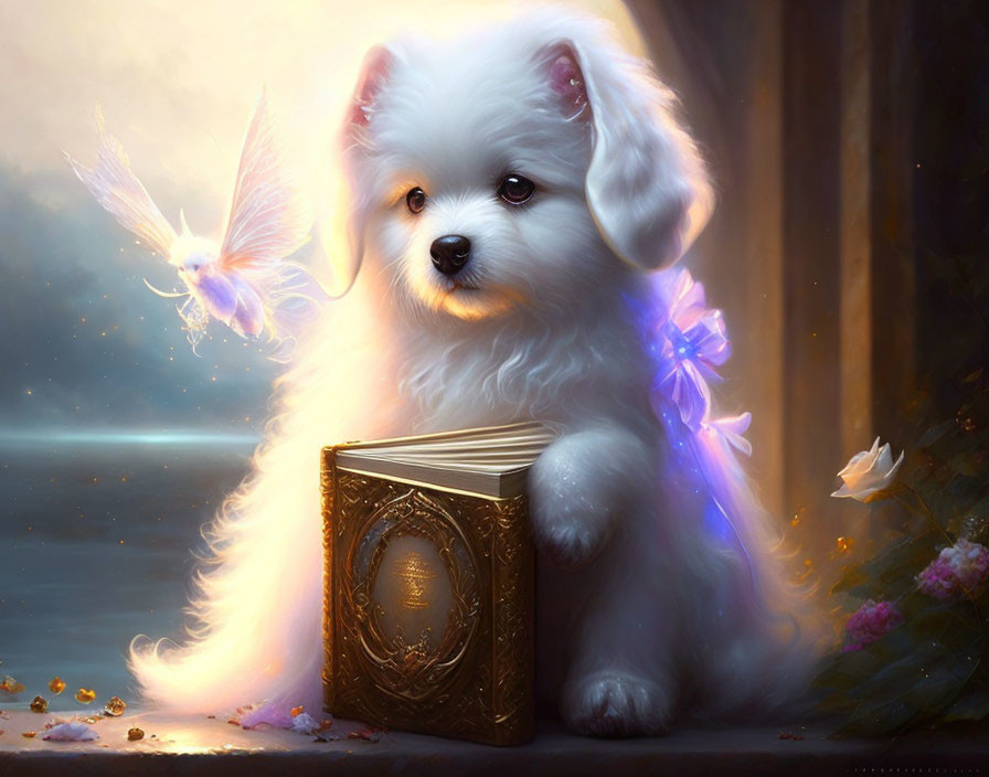 Fluffy white dog reading golden book with fairy in mystical forest