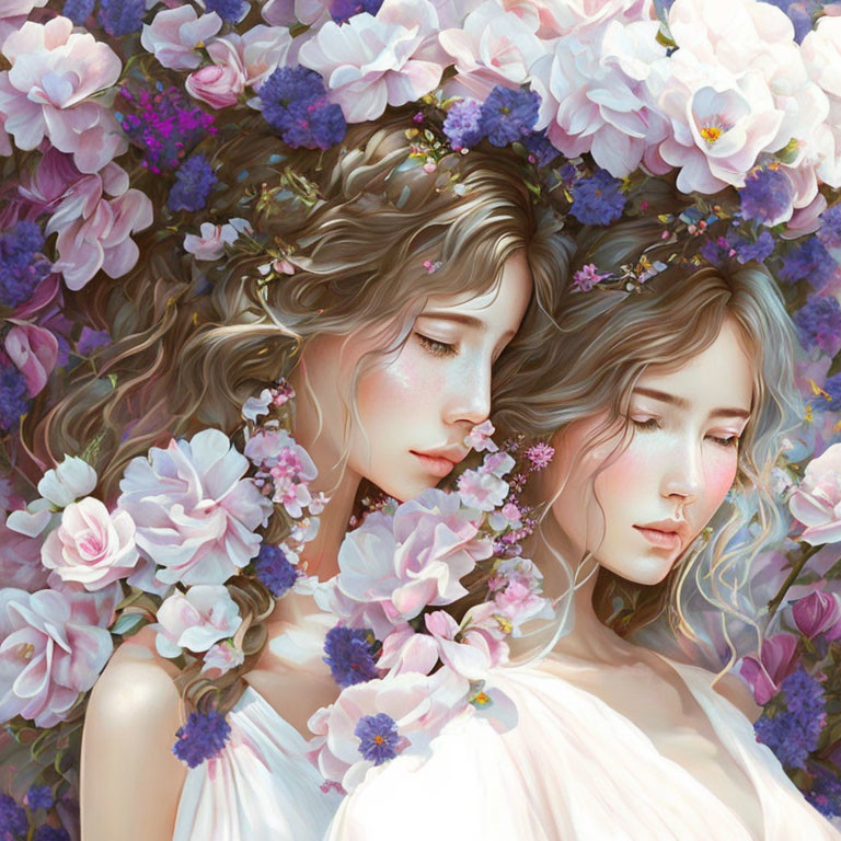 Two women in floral crowns touching cheeks amidst lush blooms