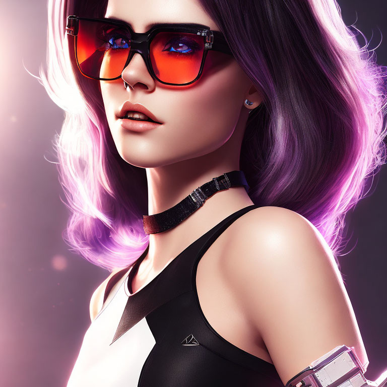 Stylized image: Woman with purple hair, red sunglasses, black outfit, choker, pink