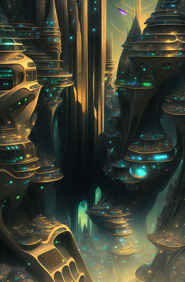 Fantastical sci-fi cityscape with towering alien structures and starry backdrop