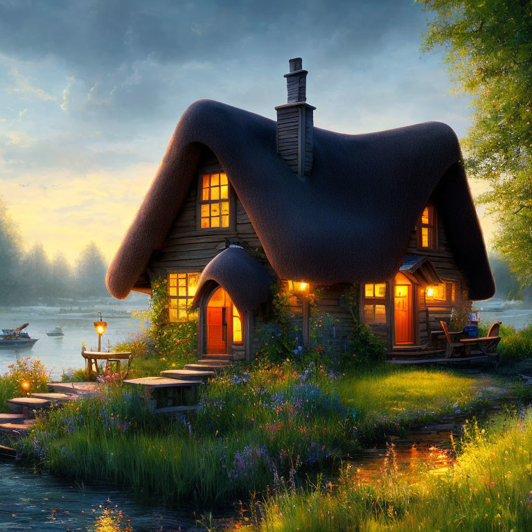 Thatched cottage by calm river at dusk with warm lights and lush greenery
