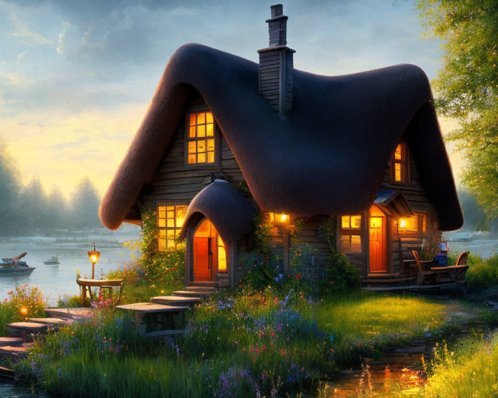 Thatched cottage by calm river at dusk with warm lights and lush greenery