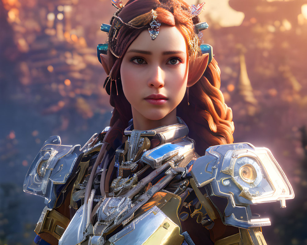 Futuristic female character with intricate armor and serious expression