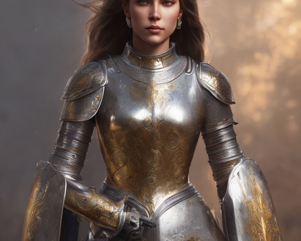 Medieval armor-clad woman in golden patterns against cloudy backdrop