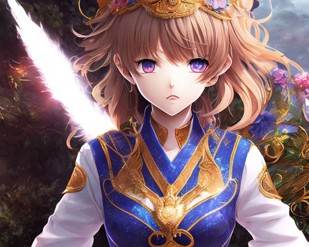 Illustrated character with golden hair, purple eyes, blue & gold outfit, and glowing sword.